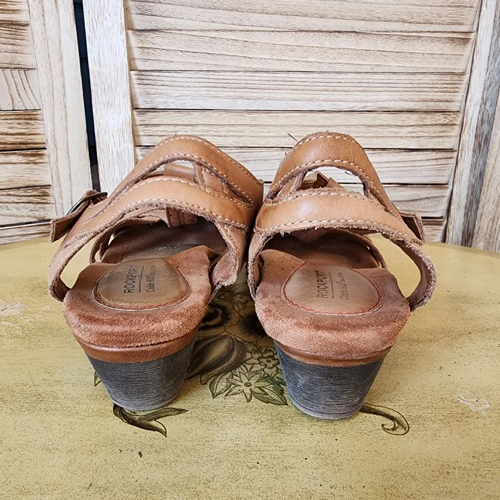 Rockport Sz 10 Brown Leather Mary Jane T-Strap Wedge Sandals Cottagecore Girly